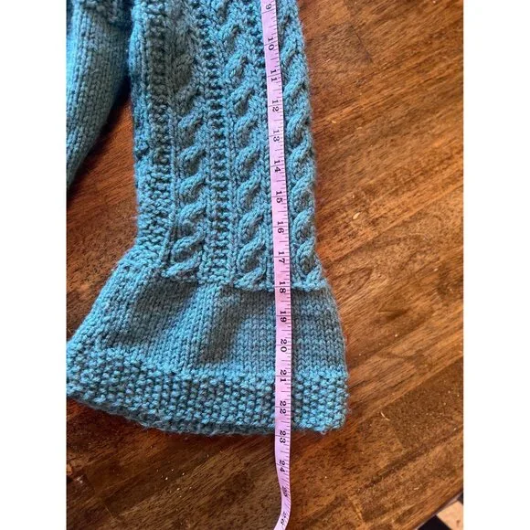 Handmade Blue Cable Knit Bell Sleeve Cardigan Sweater Size Medium - Picture 9 of 10